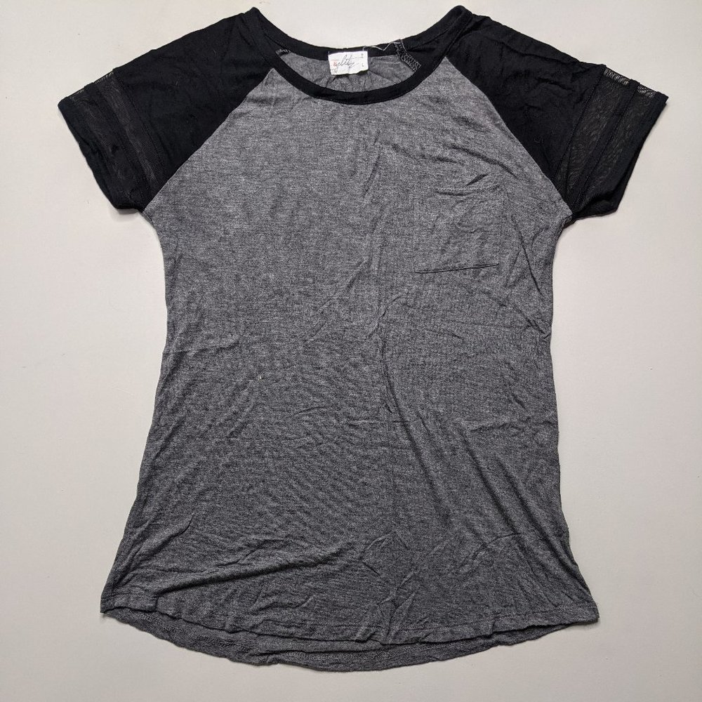 Grey Baseball Tee Shirt Black Mesh Baseball Sleeves Soft and Comfy (L) Glitz